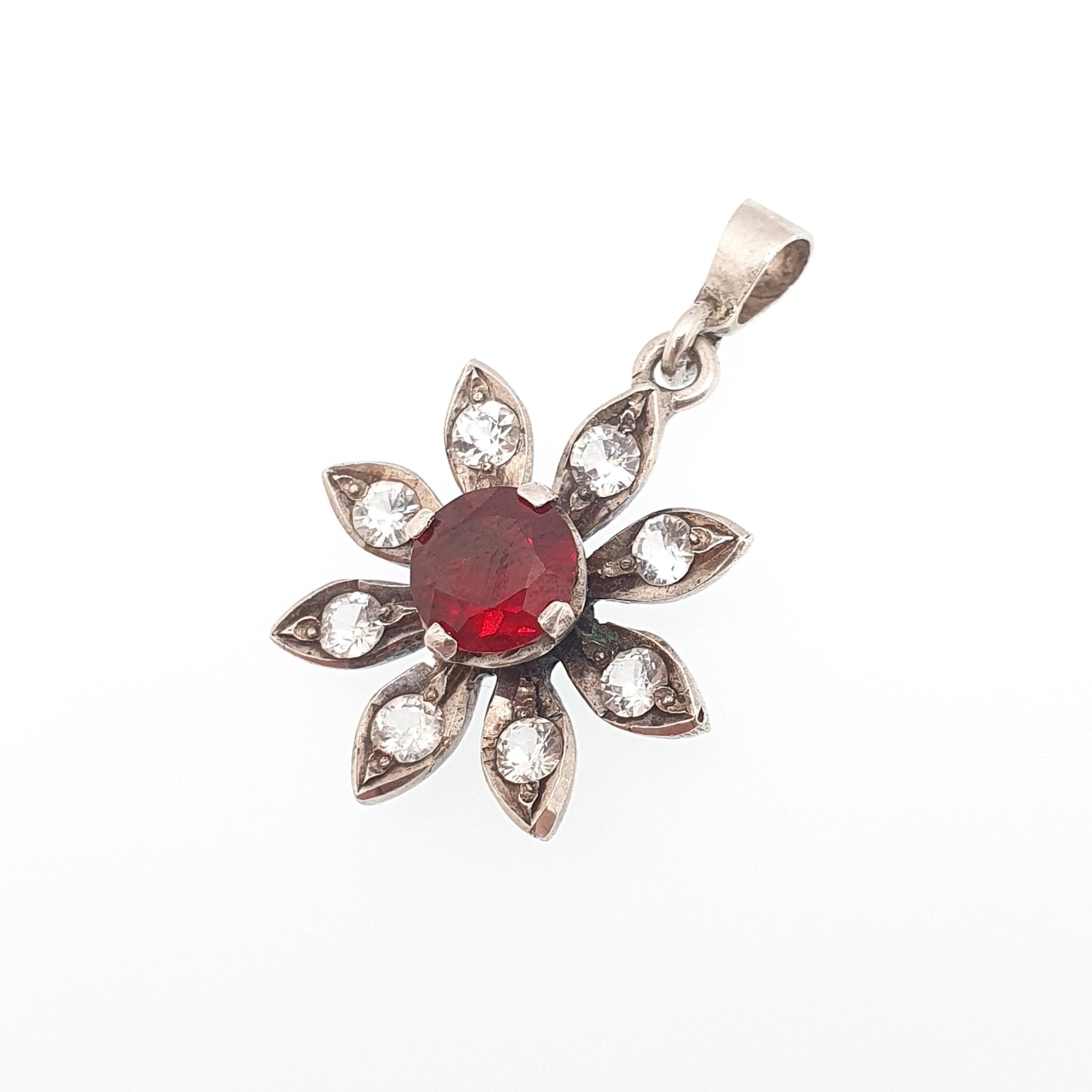 Antique Victorian Solid Silver Garnet & White Sapphire Pendant Flower Necklace Genuine Gemstones Vintage Womens Jewelry Jewellery