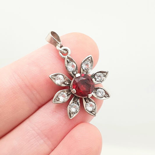 Antique Victorian Solid Silver Garnet & White Sapphire Pendant Flower Necklace Genuine Gemstones Vintage Womens Jewelry Jewellery