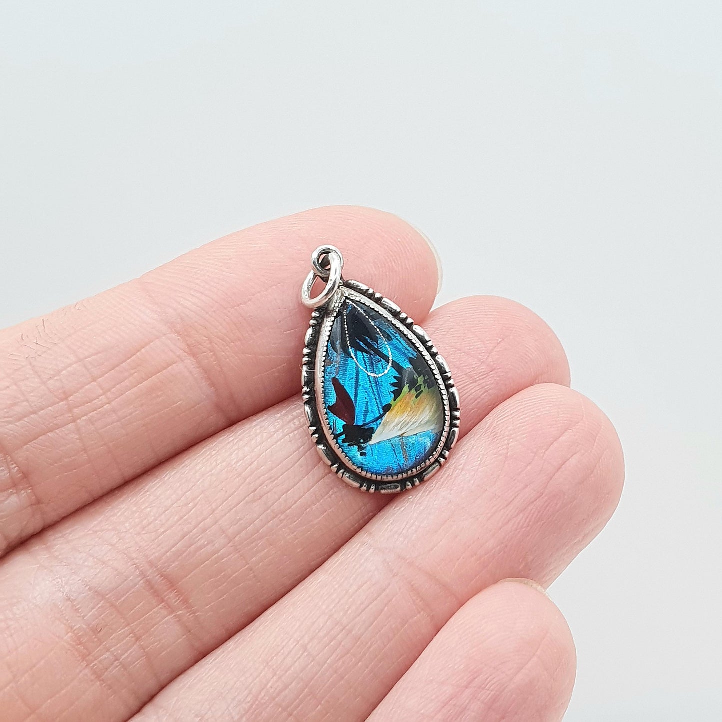 Antique Art Deco Sterling Silver Butterfly Wing Pendant Hand Painted Beach Scene Morpho Blue Insect Bug Necklace Jewelry Jewellery Womens