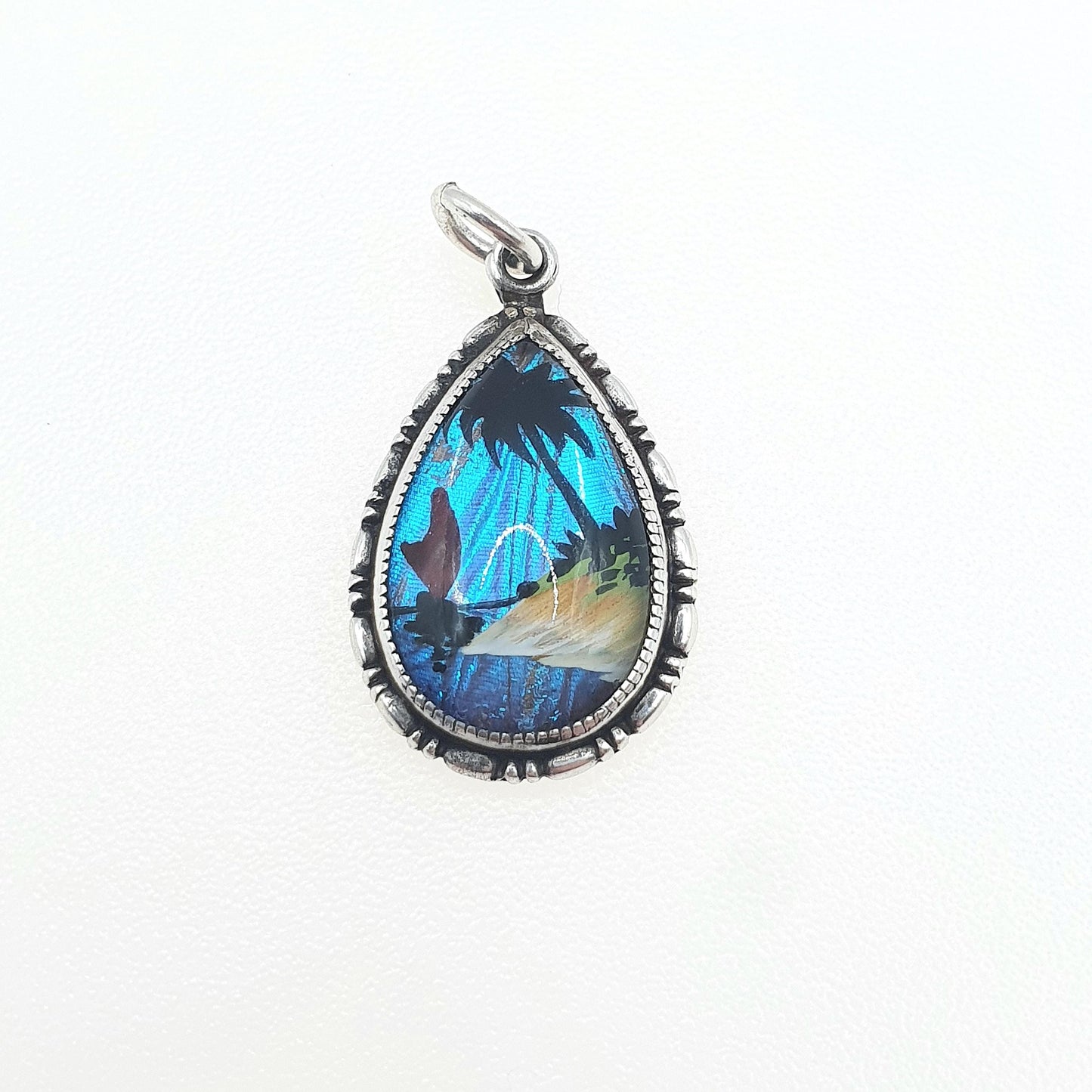 Antique Art Deco Sterling Silver Butterfly Wing Pendant Hand Painted Beach Scene Morpho Blue Insect Bug Necklace Jewelry Jewellery Womens