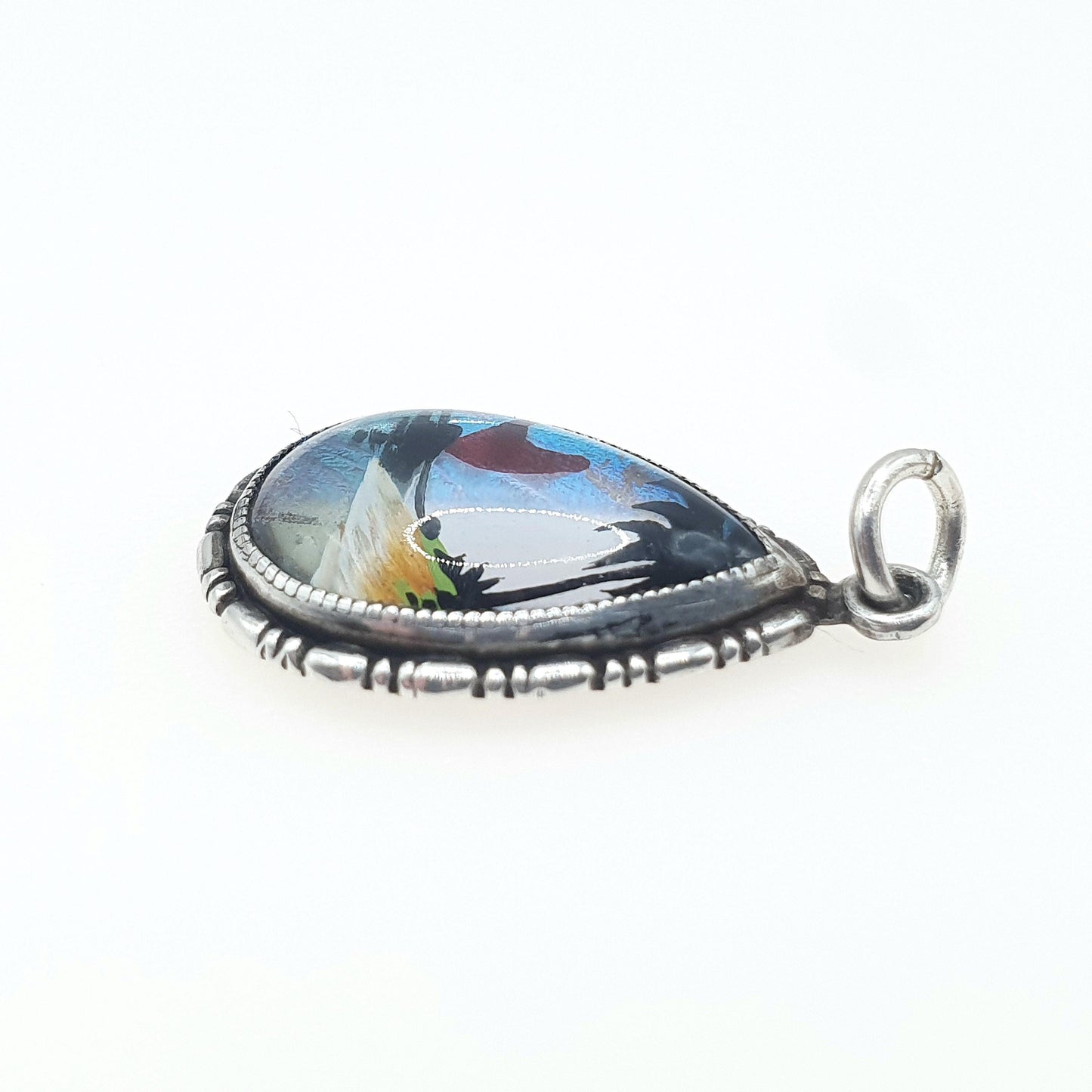 Antique Art Deco Sterling Silver Butterfly Wing Pendant Hand Painted Beach Scene Morpho Blue Insect Bug Necklace Jewelry Jewellery Womens