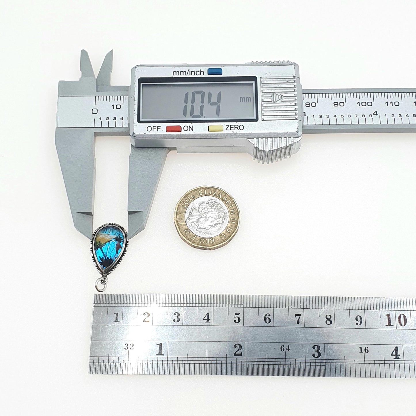 Antique Art Deco Sterling Silver Butterfly Wing Pendant Hand Painted Beach Scene Morpho Blue Insect Bug Necklace Jewelry Jewellery Womens