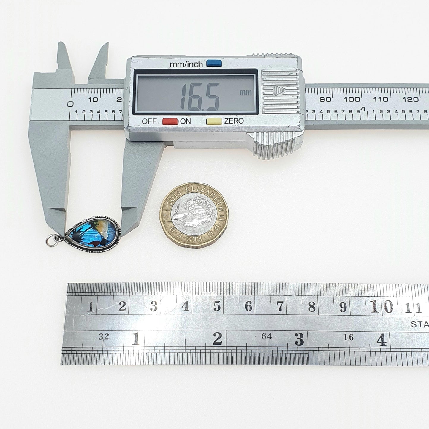 Antique Art Deco Sterling Silver Butterfly Wing Pendant Hand Painted Beach Scene Morpho Blue Insect Bug Necklace Jewelry Jewellery Womens