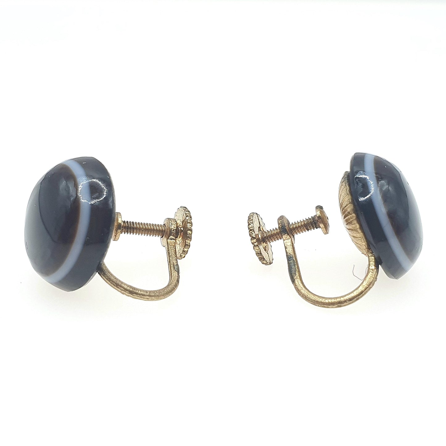 Antique Victorian Bulls Eye Agate Earrings Gold Gilt Genuine Quartz Gemstone Screw Back  Jewelry Jewellery Womens