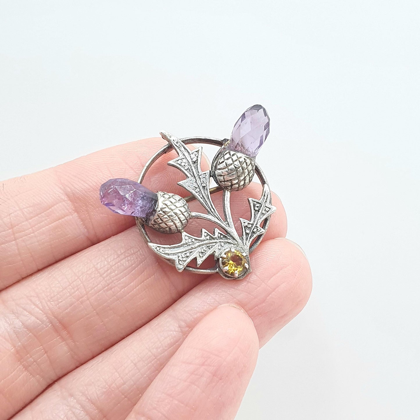 Old Vintage Sterling Silver Amethyst & Citrine Thistle Brooch Scottish Flower Scotland Womens Jewelry Jewellery