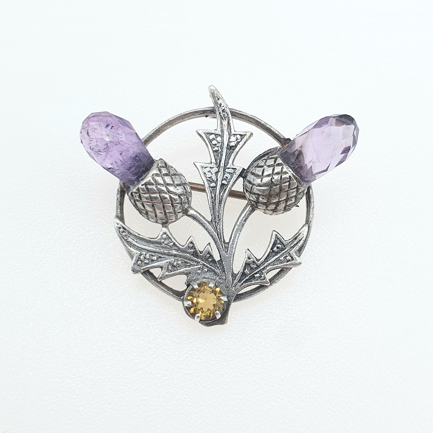 Old Vintage Sterling Silver Amethyst & Citrine Thistle Brooch Scottish Flower Scotland Womens Jewelry Jewellery
