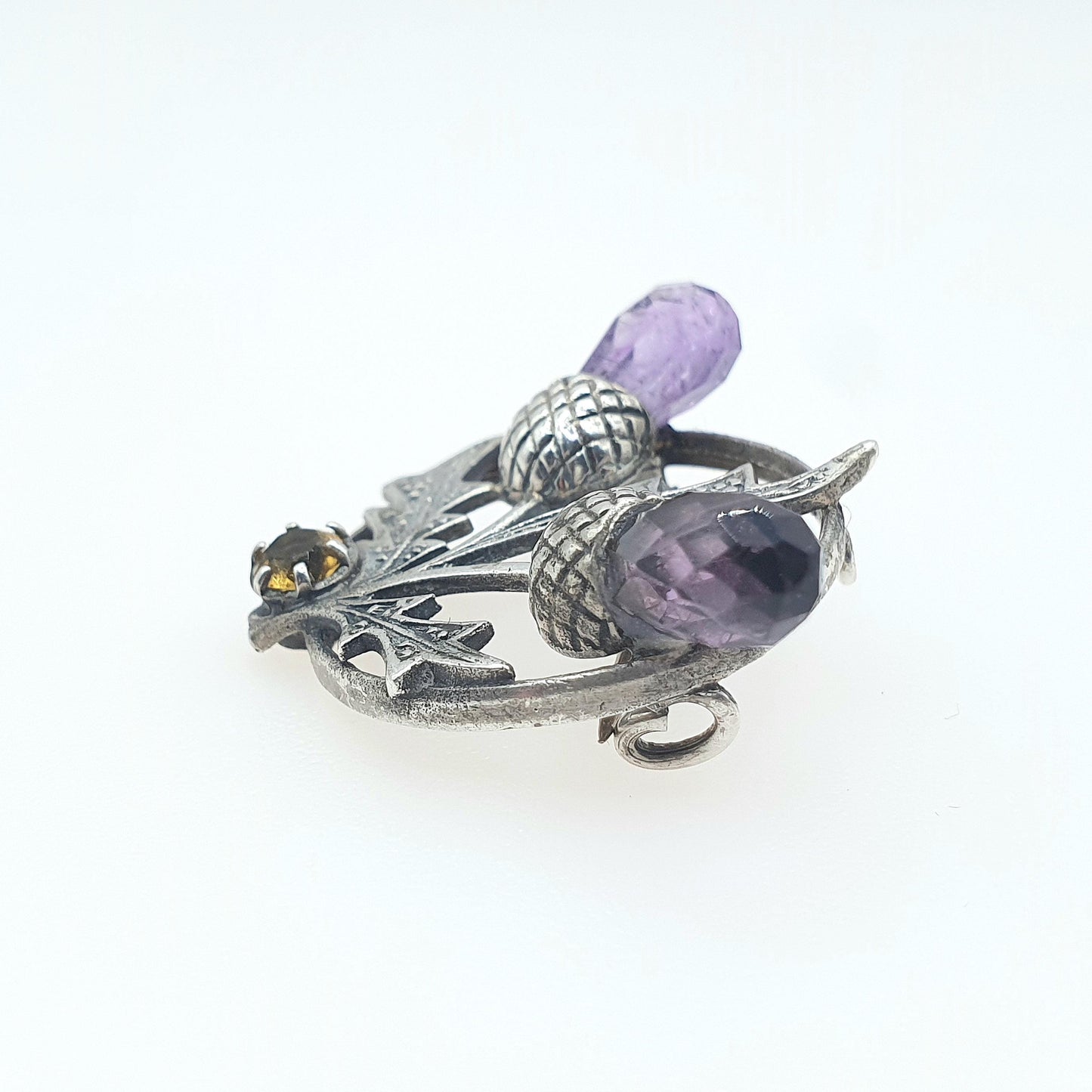 Old Vintage Sterling Silver Amethyst & Citrine Thistle Brooch Scottish Flower Scotland Womens Jewelry Jewellery