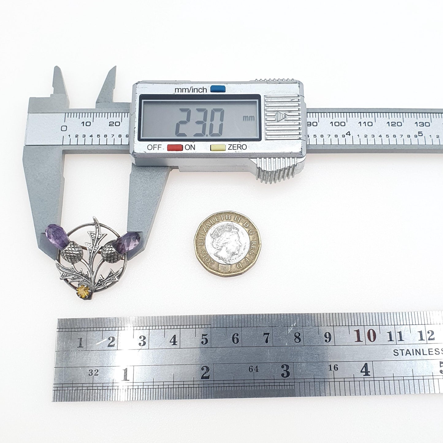 Old Vintage Sterling Silver Amethyst & Citrine Thistle Brooch Scottish Flower Scotland Womens Jewelry Jewellery