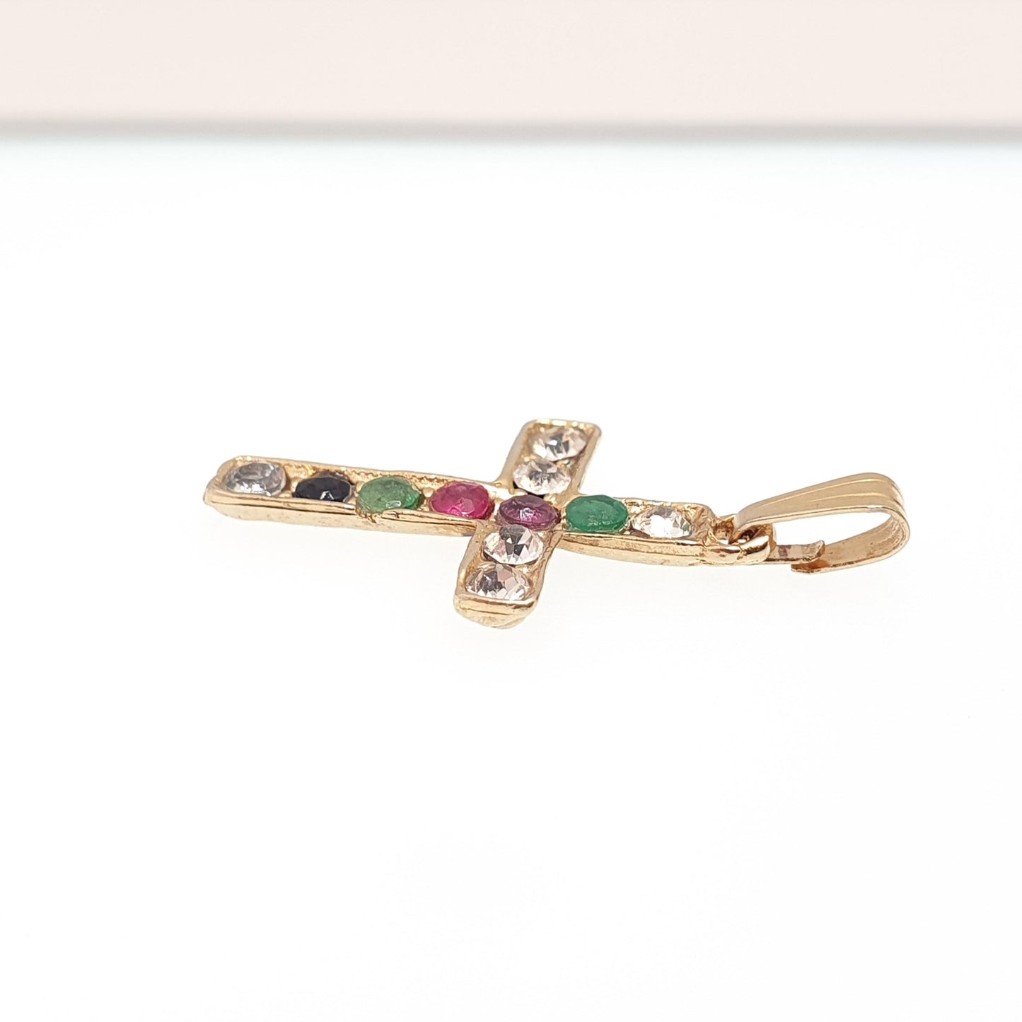 Vintage DEAREST Crucifix Cross Necklace Gold Plate Pendant Genuine Gemstones Mens Womens Jewelry Jewellery