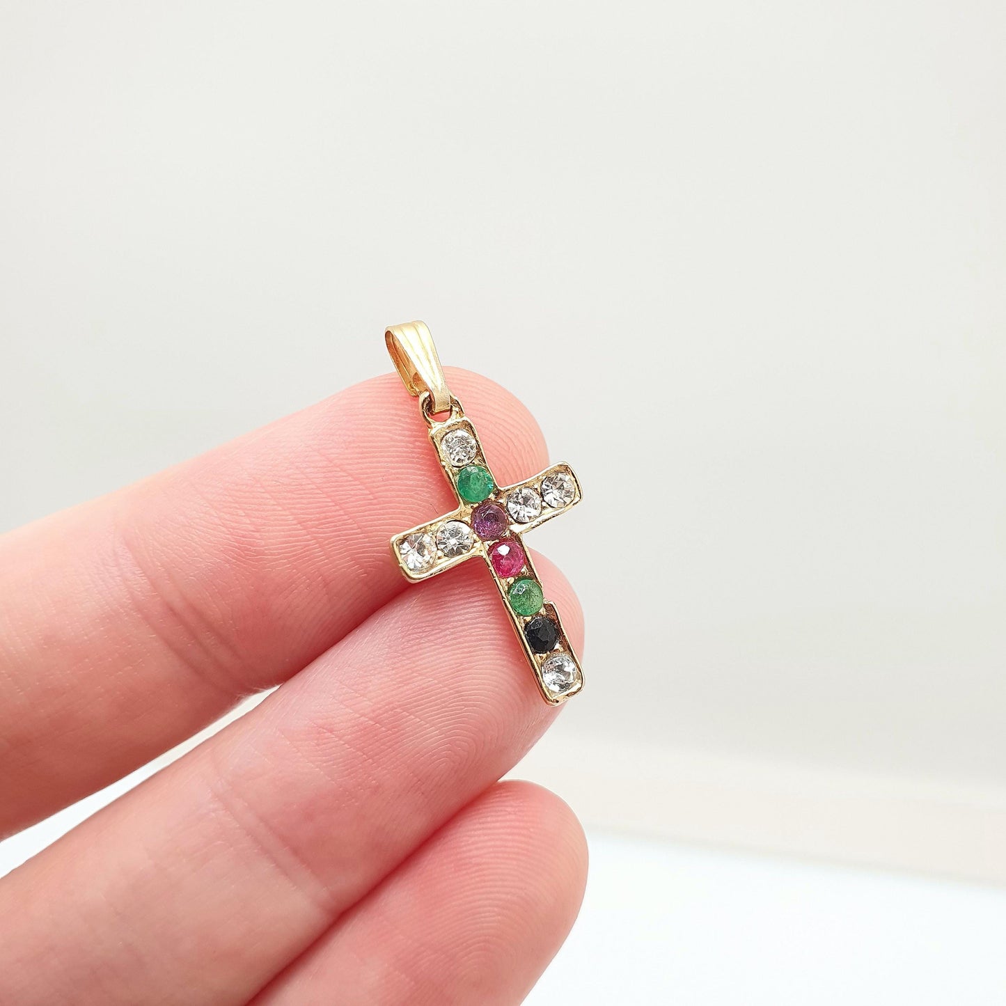 Vintage DEAREST Crucifix Cross Necklace Gold Plate Pendant Genuine Gemstones Mens Womens Jewelry Jewellery