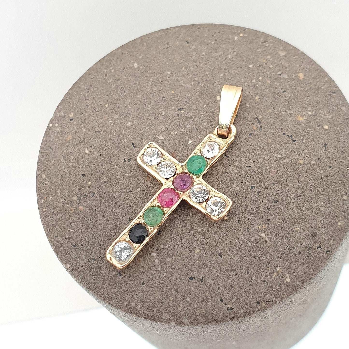 Vintage DEAREST Crucifix Cross Necklace Gold Plate Pendant Genuine Gemstones Mens Womens Jewelry Jewellery