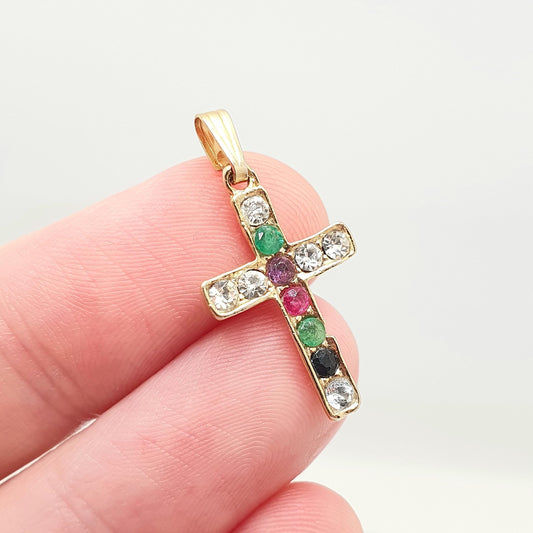 Vintage DEAREST Crucifix Cross Necklace Gold Plate Pendant Genuine Gemstones Mens Womens Jewelry Jewellery