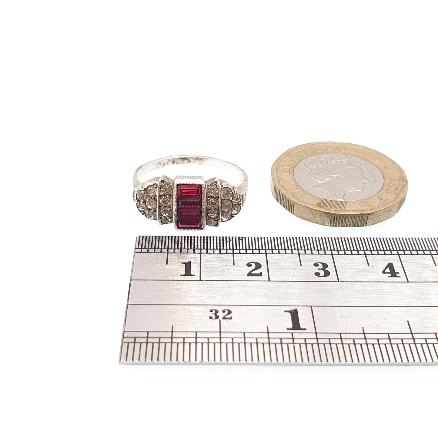 RESERVED/SOLD DON Antique Art Deco Ruby Paste Solid Silver Ring Baguette Cut Diamond Pastes 1920s Vintage Flapper