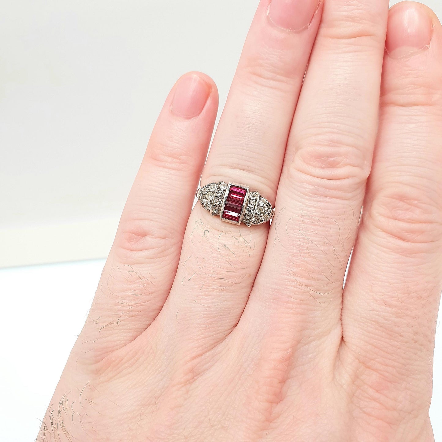 RESERVED/SOLD DON Antique Art Deco Ruby Paste Solid Silver Ring Baguette Cut Diamond Pastes 1920s Vintage Flapper