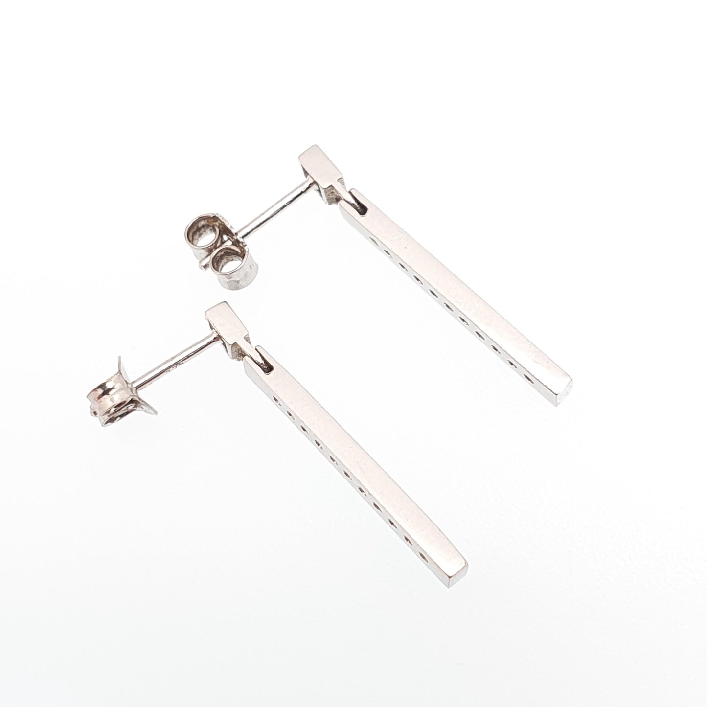 Vintage 9k 9ct White Gold Bar Earrings CZ Brilliant Cut Rectangular Hanging Stud Diamond Simulant Womens Jewelry Retro Jewellery