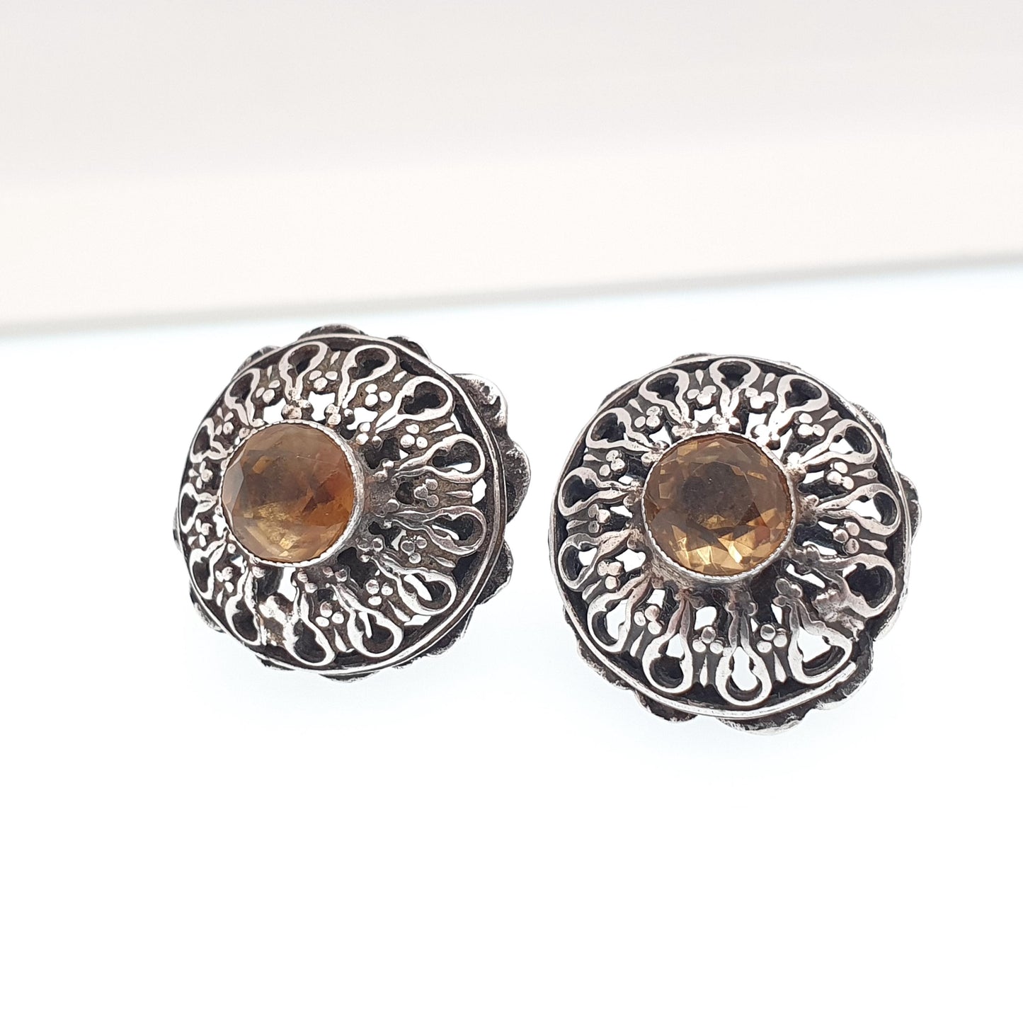 Antique Natural Citrine Solid Silver Earrings Austro Hungarian Large Stud Genuine Gemstone Vintage Jewellery Jewelry