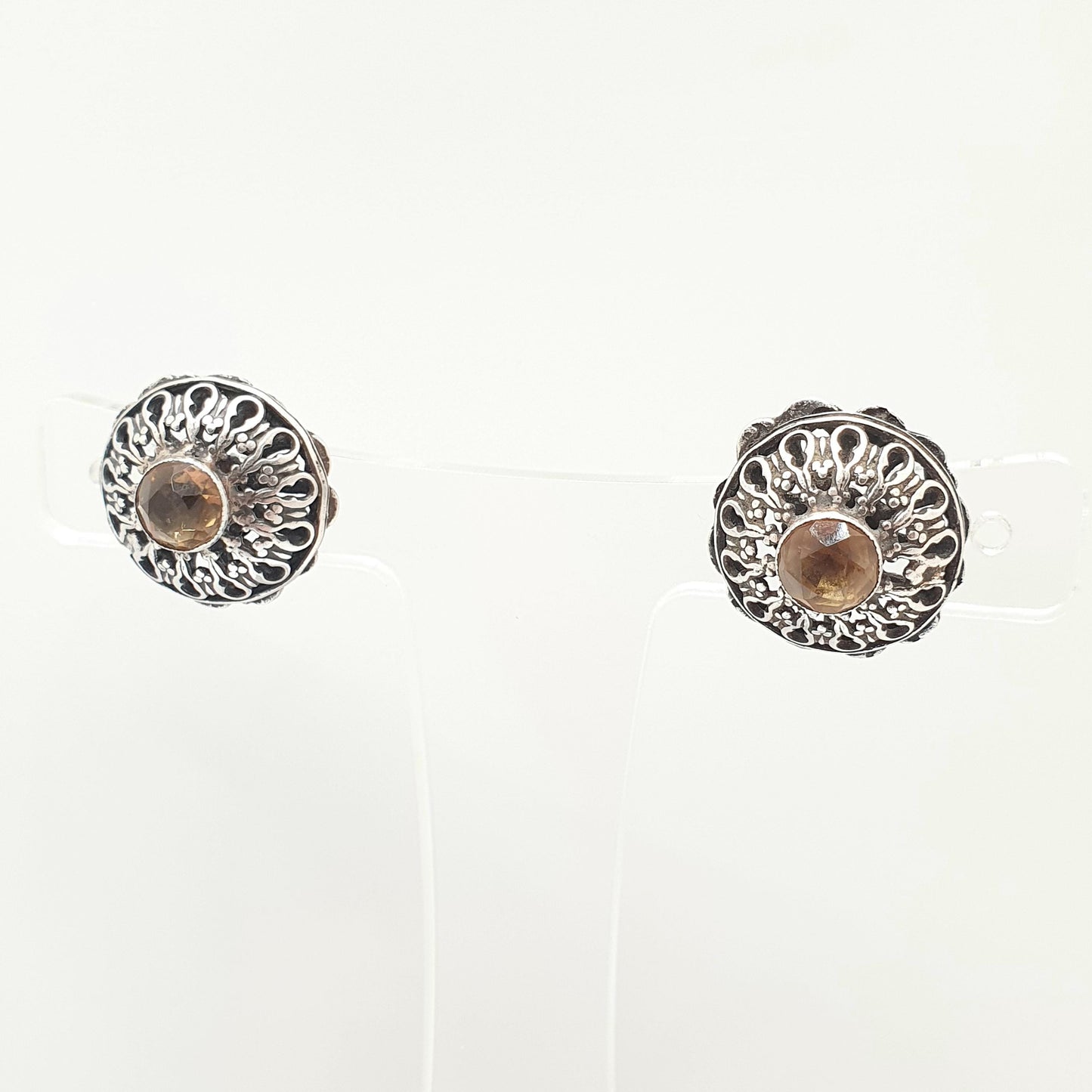 Antique Natural Citrine Solid Silver Earrings Austro Hungarian Large Stud Genuine Gemstone Vintage Jewellery Jewelry