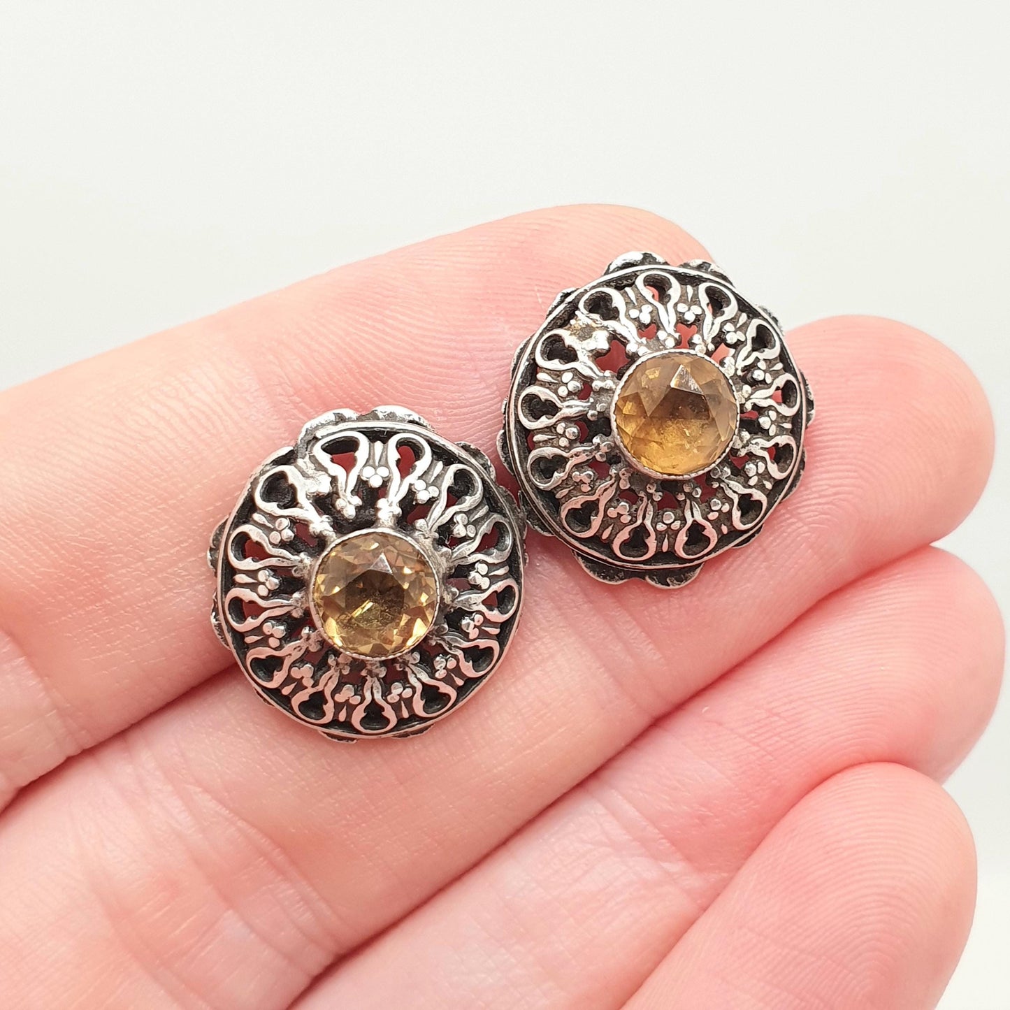 Antique Natural Citrine Solid Silver Earrings Austro Hungarian Large Stud Genuine Gemstone Vintage Jewellery Jewelry