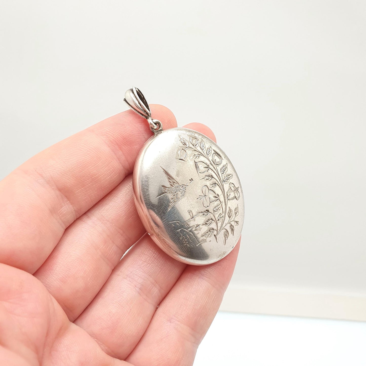 Antique Victorian Solid Silver Bird Locket Floral Flower Pendant Picture Photo Aesthetic Vintage Womens Jewelry Jewellery