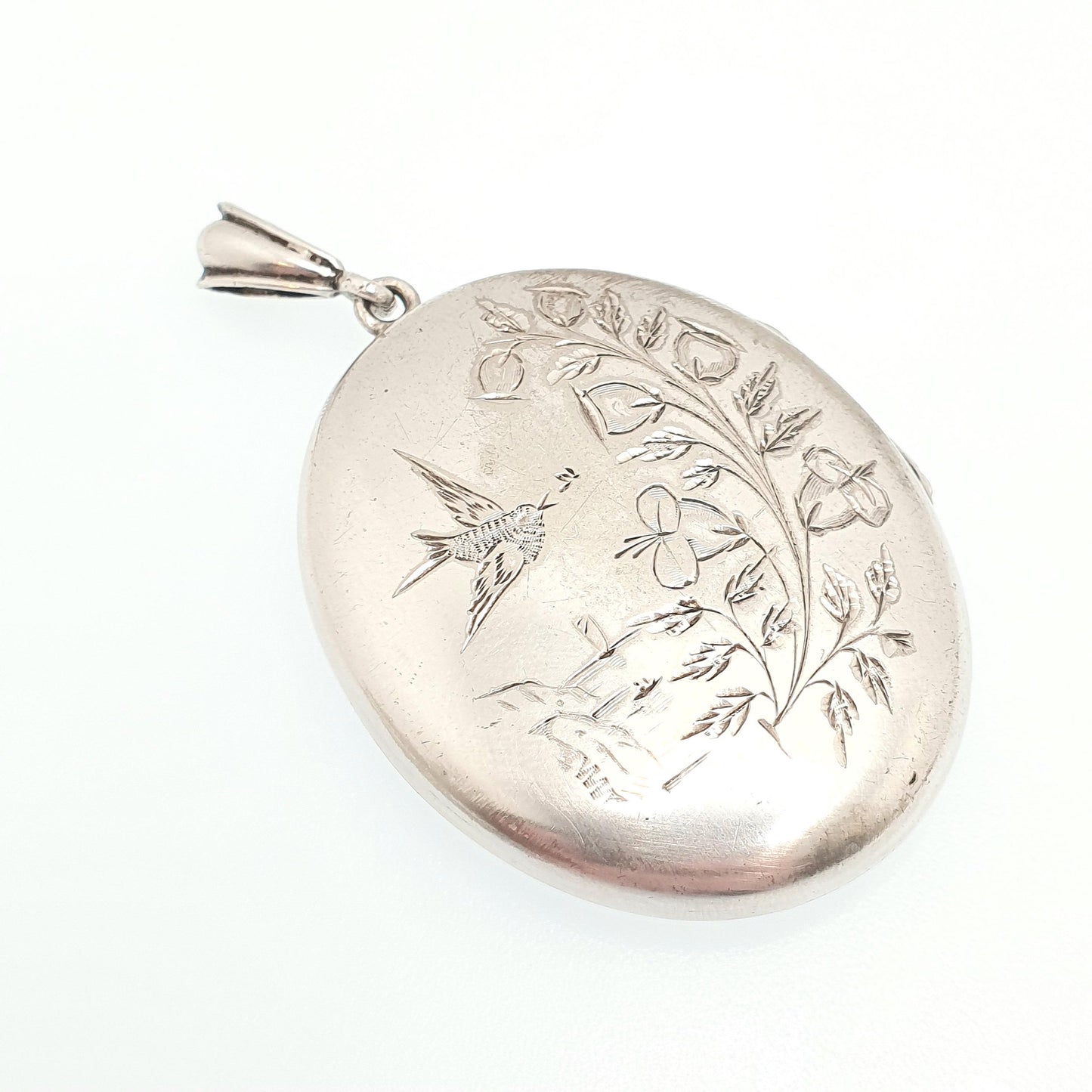 Antique Victorian Solid Silver Bird Locket Floral Flower Pendant Picture Photo Aesthetic Vintage Womens Jewelry Jewellery