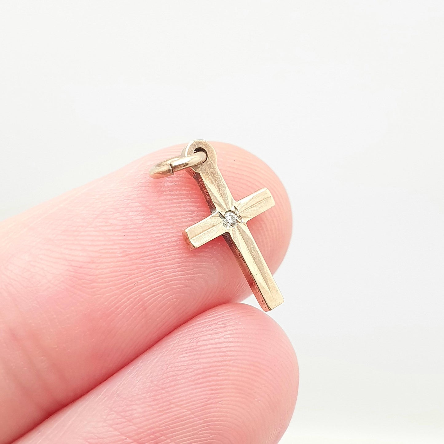 Vintage 9ct 9k Gold Crucifix Charm Bracelet Cross Necklace Pendant CZ Diamond Simulant Solid 375 Christian Catholic Christ Small Tiny