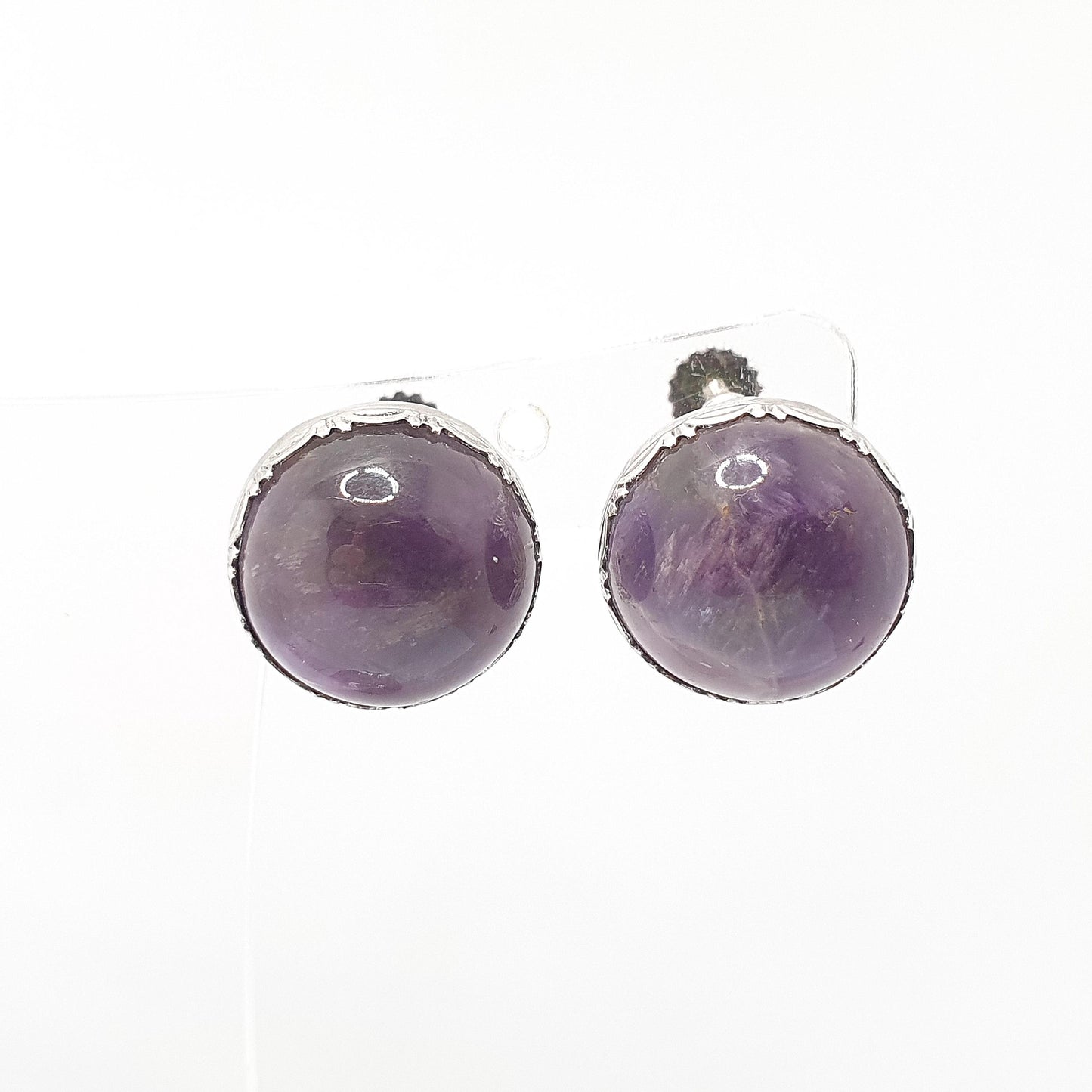 Antique Solid Silver Natural Amethyst Earrings Large Gemstone Cabochon Arts and Crafts Genuine Quartz Womens Ladies Jewelry