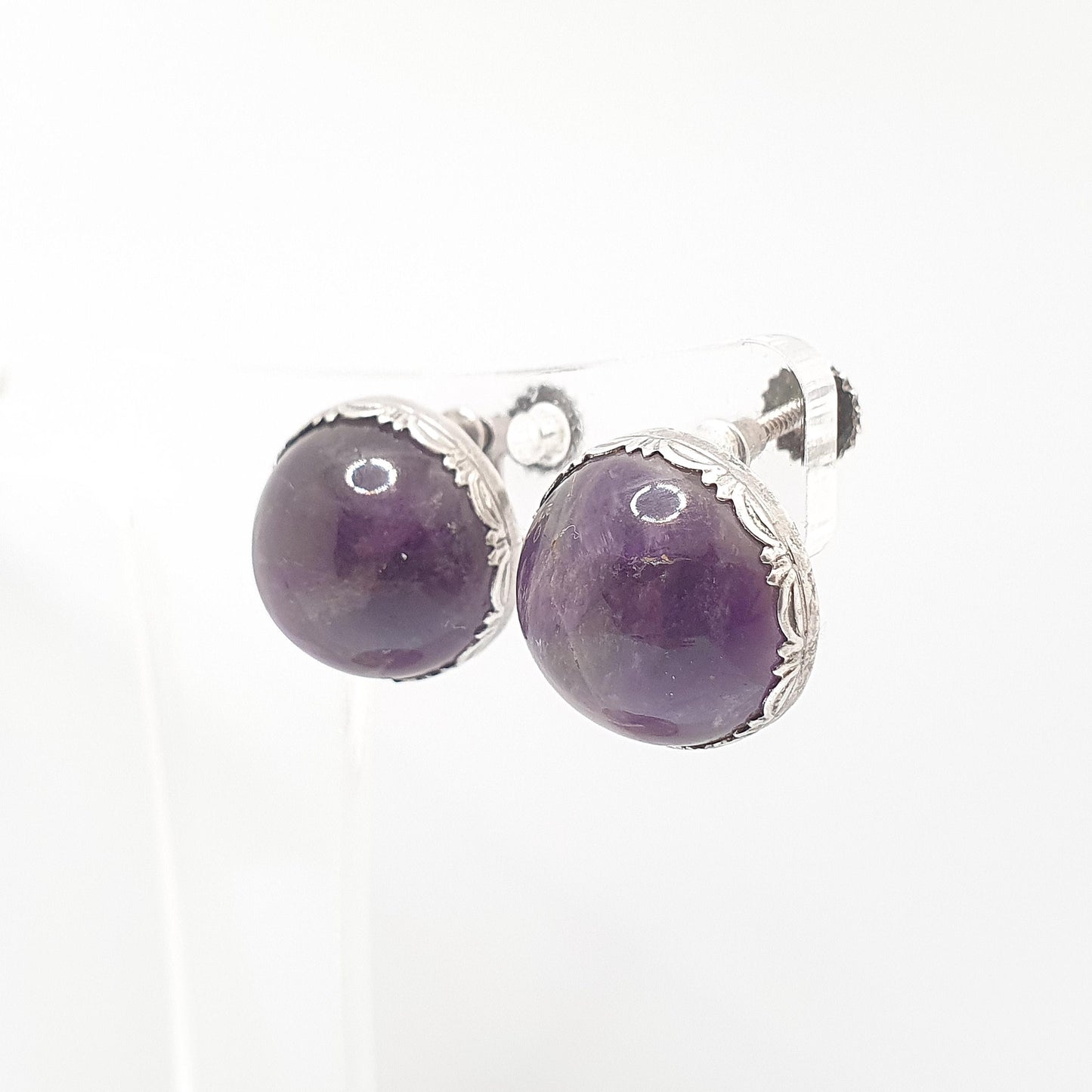 Antique Solid Silver Natural Amethyst Earrings Large Gemstone Cabochon Arts and Crafts Genuine Quartz Womens Ladies Jewelry