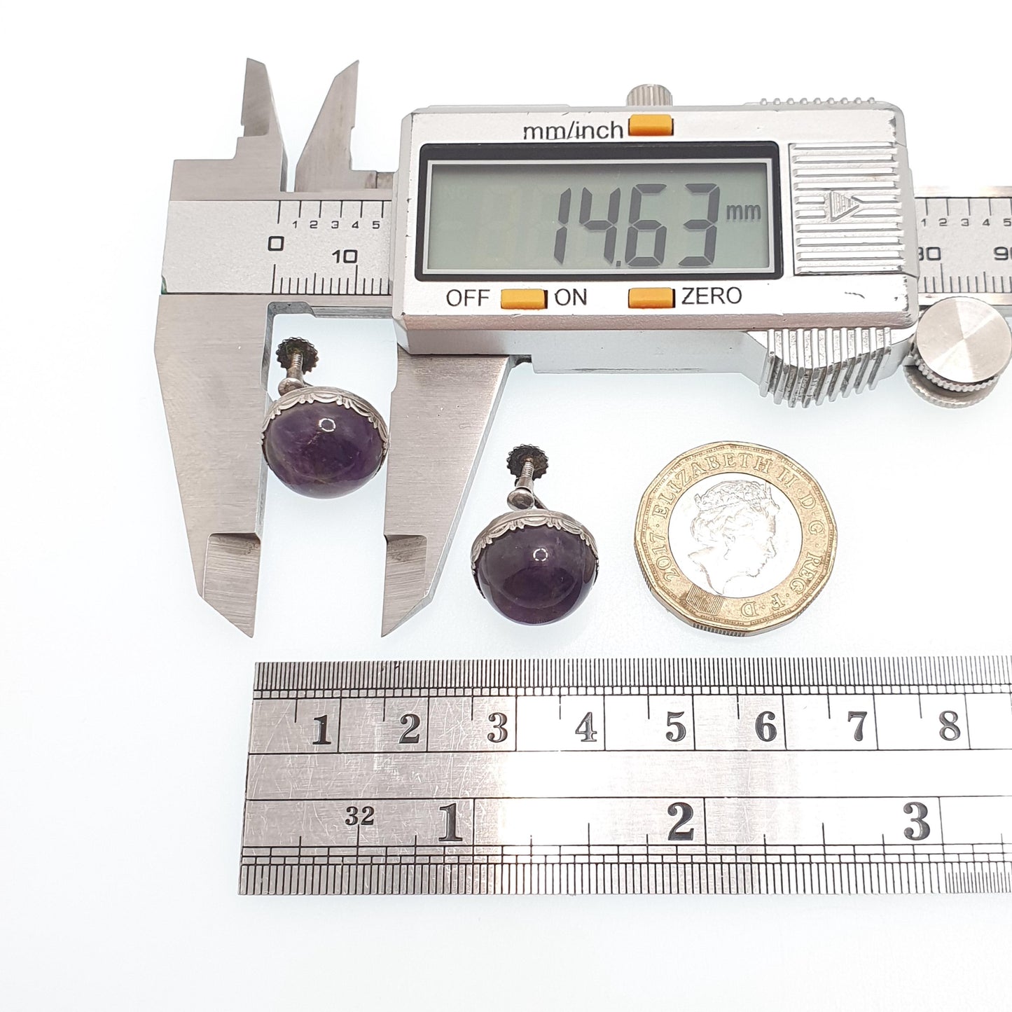 Antique Solid Silver Natural Amethyst Earrings Large Gemstone Cabochon Arts and Crafts Genuine Quartz Womens Ladies Jewelry