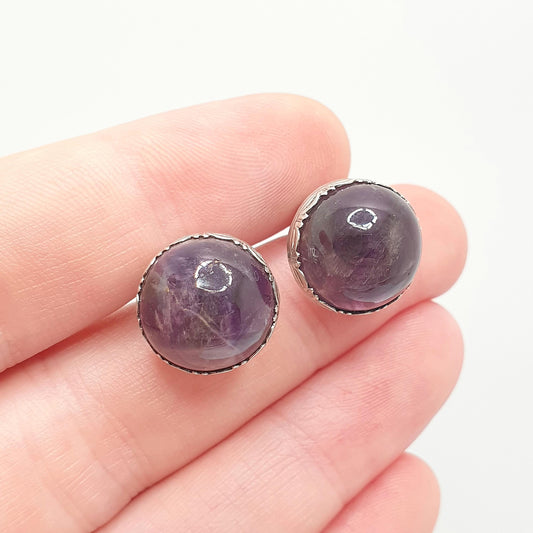 Antique Solid Silver Natural Amethyst Earrings Large Gemstone Cabochon Arts and Crafts Genuine Quartz Womens Ladies Jewelry