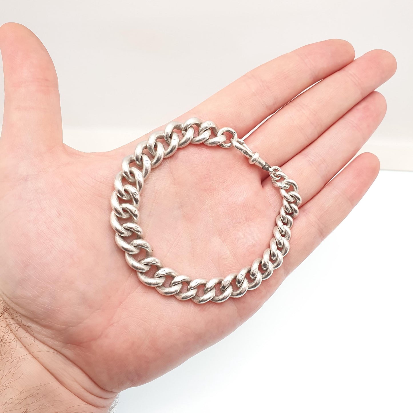 Antique Victorian Sterling Silver Albert Chain Bracelet Heavy Large Big 1891 Hallmark Curb Link Graduating Dog Clip 55.88g 22cm 8.6" Womens