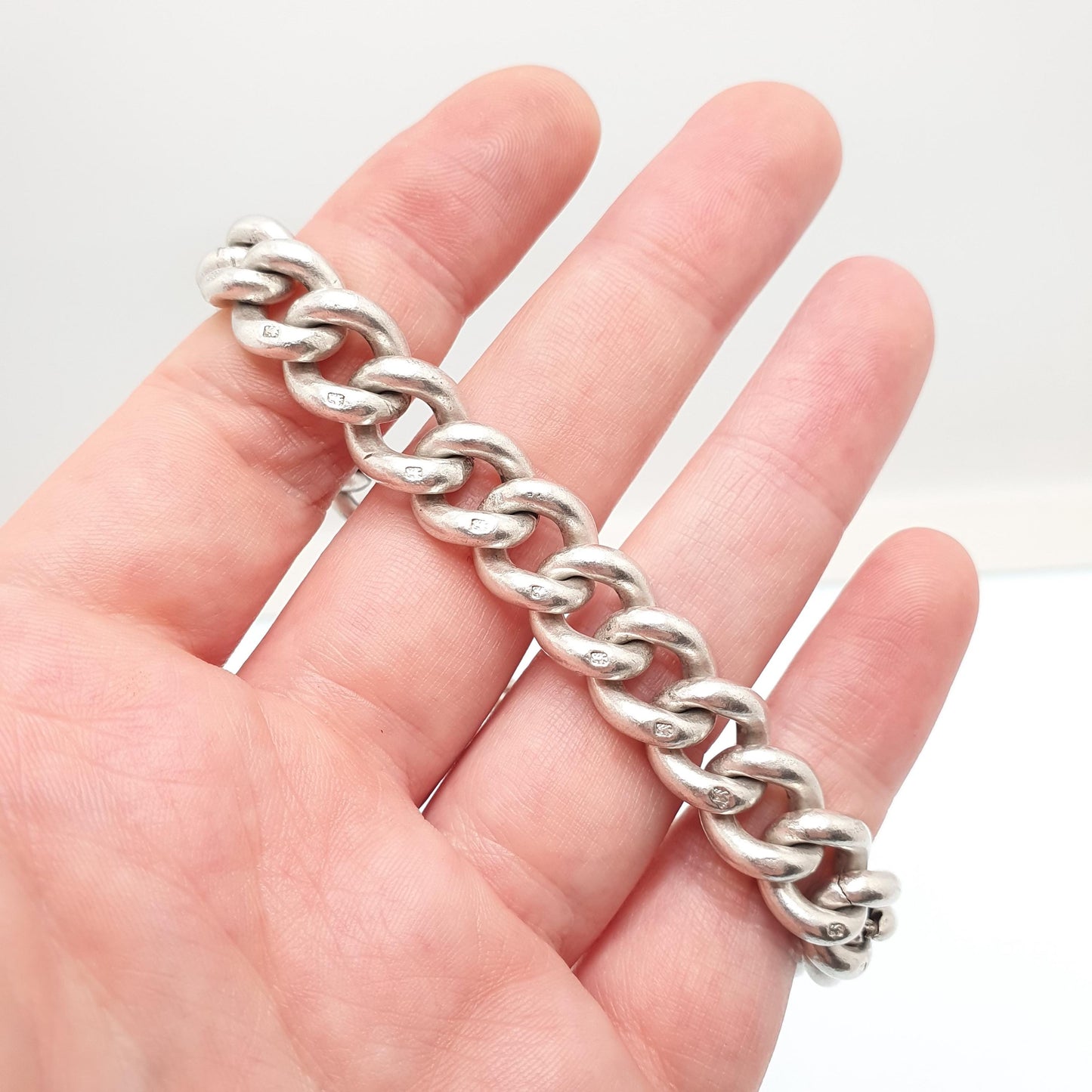 Antique Victorian Sterling Silver Albert Chain Bracelet Heavy Large Big 1891 Hallmark Curb Link Graduating Dog Clip 55.88g 22cm 8.6" Womens