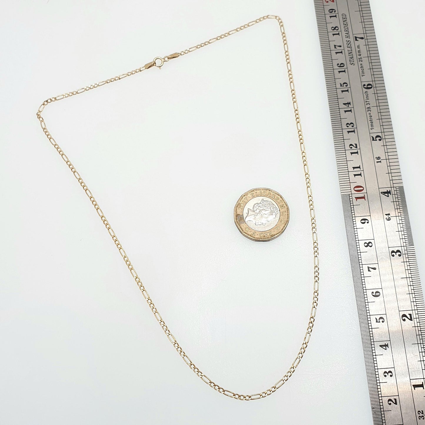 Vintage 9k 9ct 375 Gold Figaro Link Chain Necklace 46cm 18.1" 1.27g Solid 9 Carat Curb Links Yellow Womens Mens Jewellery Jewelry