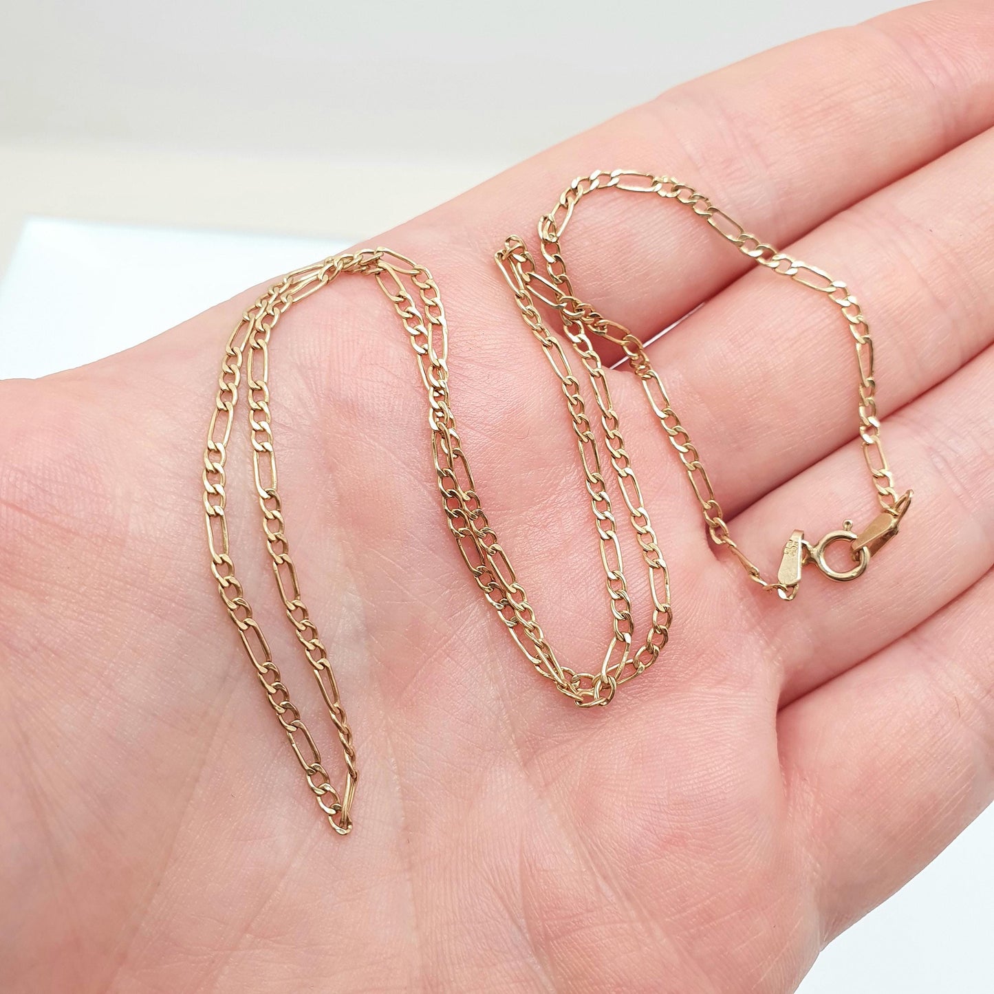 Vintage 9k 9ct 375 Gold Figaro Link Chain Necklace 46cm 18.1" 1.27g Solid 9 Carat Curb Links Yellow Womens Mens Jewellery Jewelry