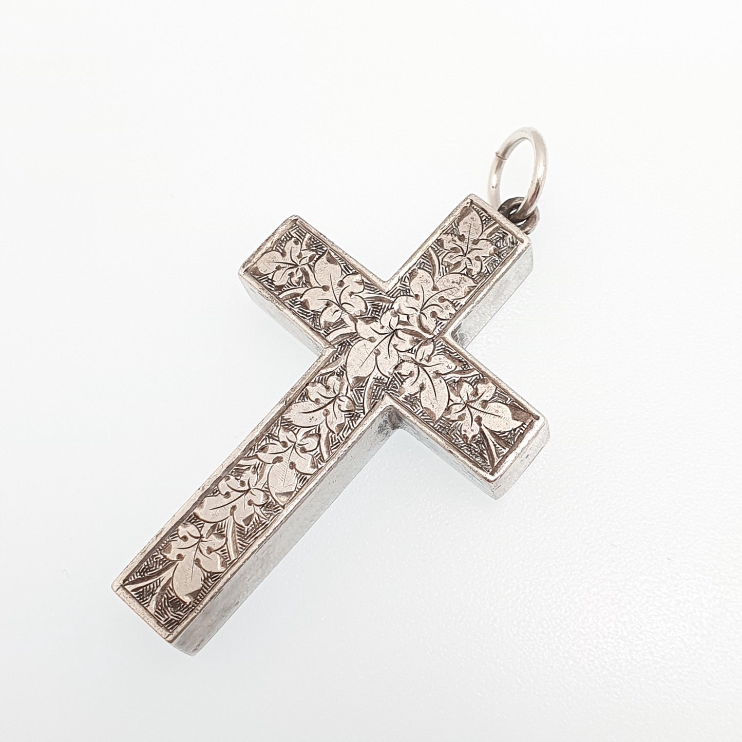 Antique Victorian Solid Silver Crucifix Necklace Pendant Hand Engraved Thick Chunky Catholic Christian Jewelry Vintage Womens