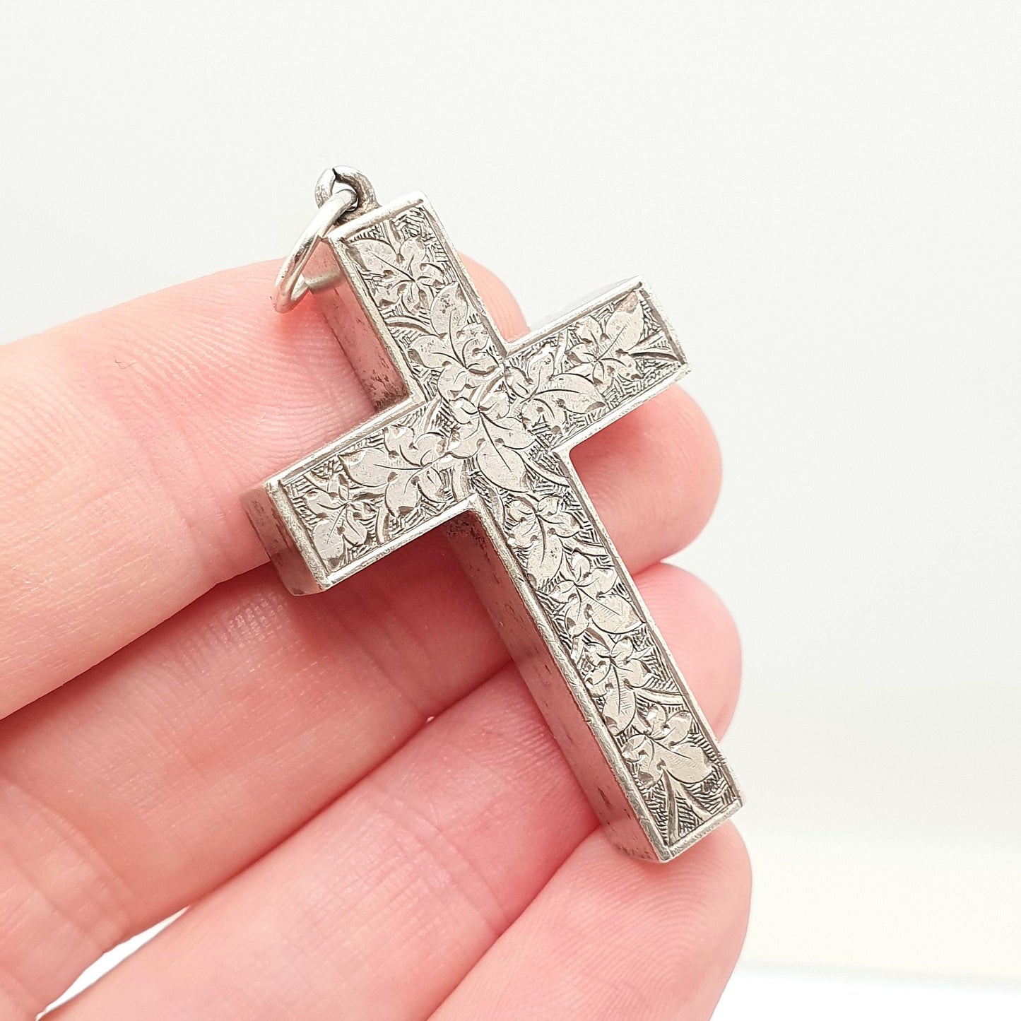 Antique Victorian Solid Silver Crucifix Necklace Pendant Hand Engraved Thick Chunky Catholic Christian Jewelry Vintage Womens