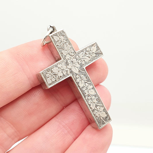 Antique Victorian Solid Silver Crucifix Necklace Pendant Hand Engraved Thick Chunky Catholic Christian Jewelry Vintage Womens