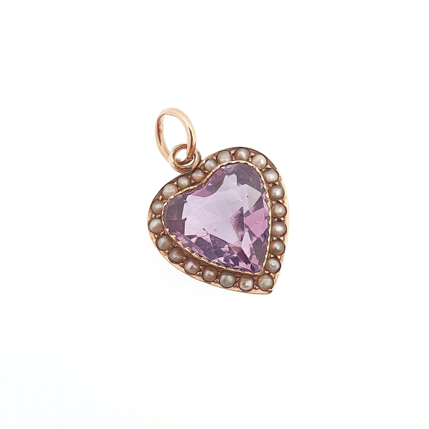 Antique Victorian 9ct Gold Amethyst Heart Pendant Seed Pearl Necklace Puffer Heart Cut Solid 9k 375 9kt Jewelry Jewellery