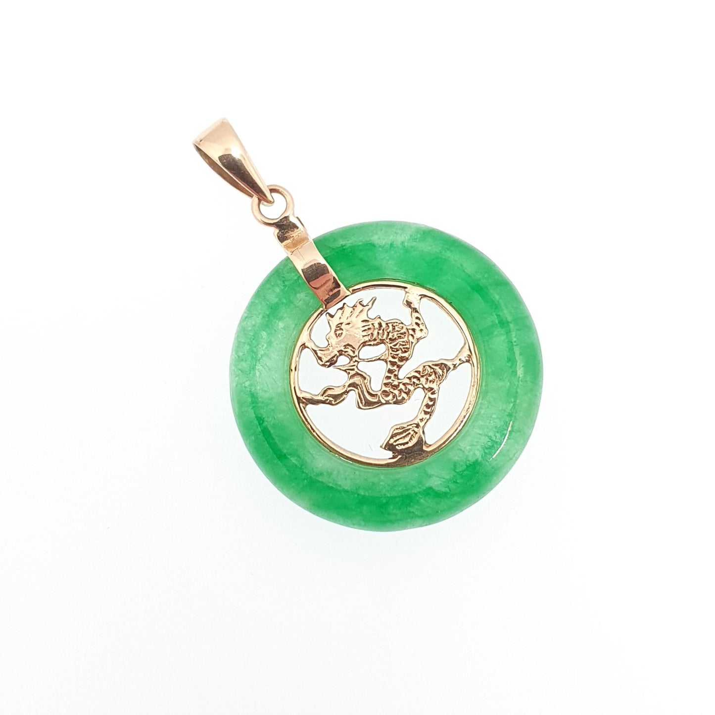 Vintage 14k Gold Chinese Dragon Necklace Green Jade Pendant China Solid 14kt 585 Jewelry Jewellery