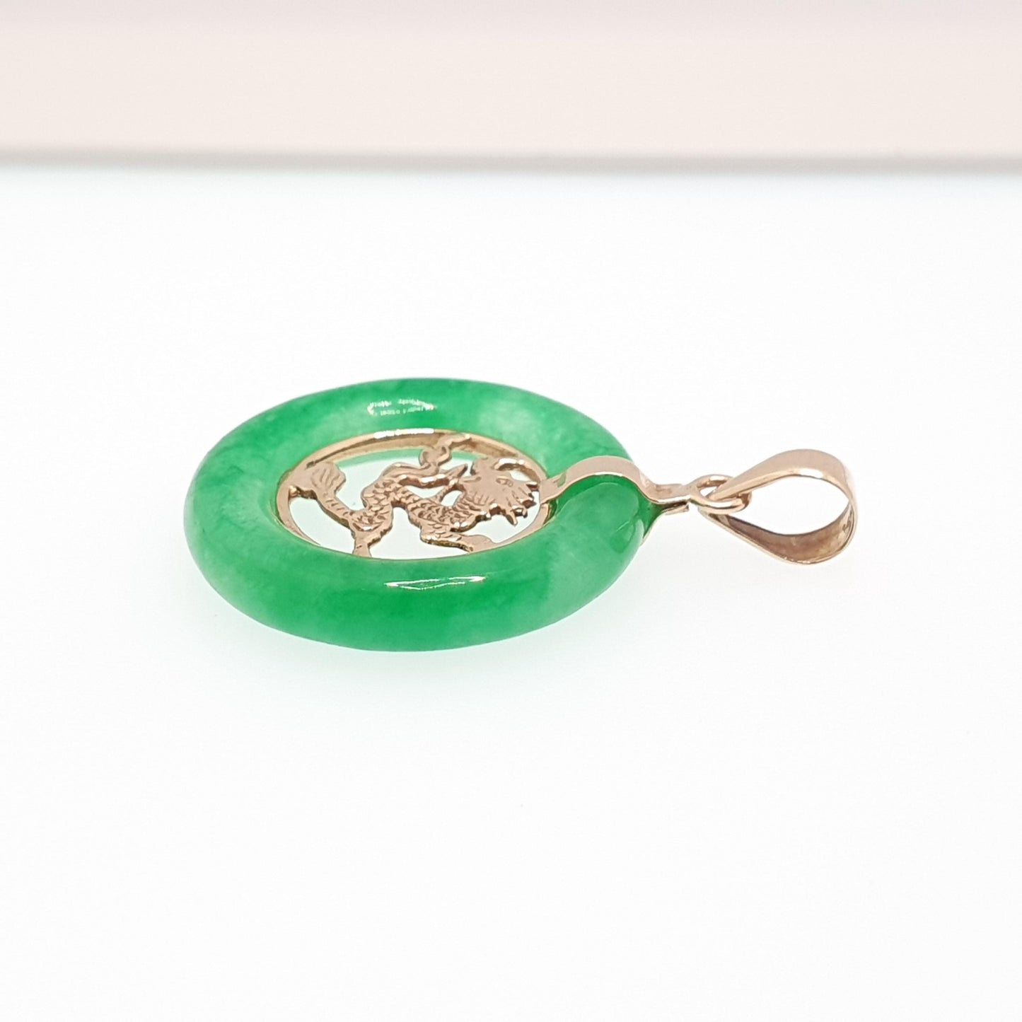 Vintage 14k Gold Chinese Dragon Necklace Green Jade Pendant China Solid 14kt 585 Jewelry Jewellery