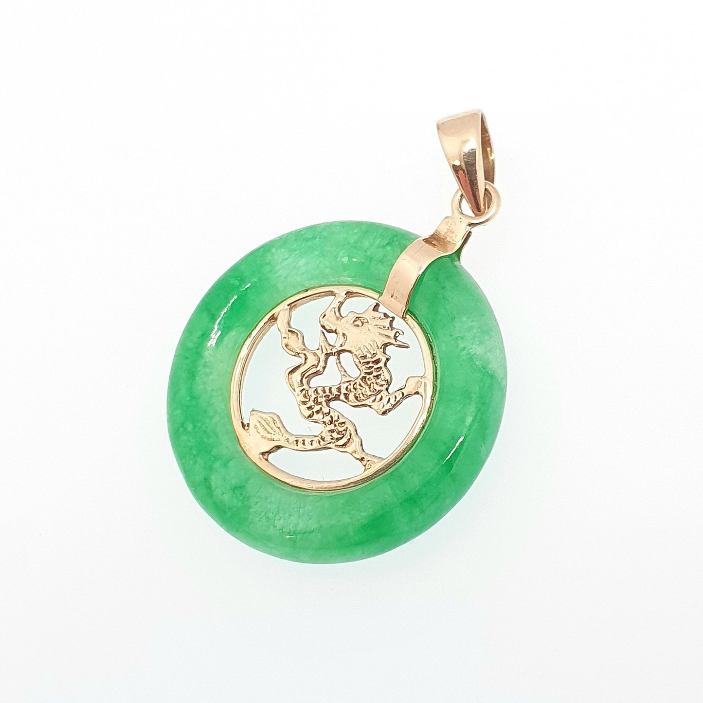 Vintage 14k Gold Chinese Dragon Necklace Green Jade Pendant China Solid 14kt 585 Jewelry Jewellery