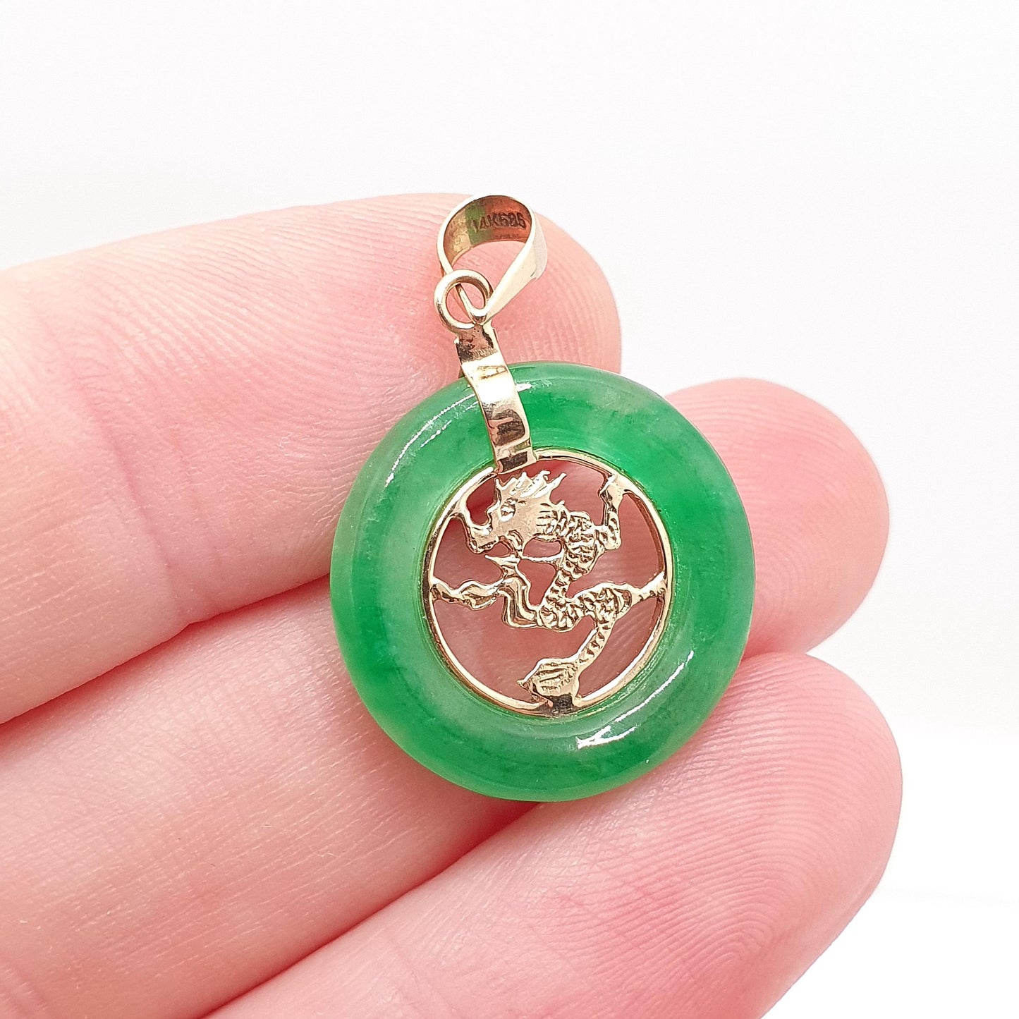 Vintage 14k Gold Chinese Dragon Necklace Green Jade Pendant China Solid 14kt 585 Jewelry Jewellery