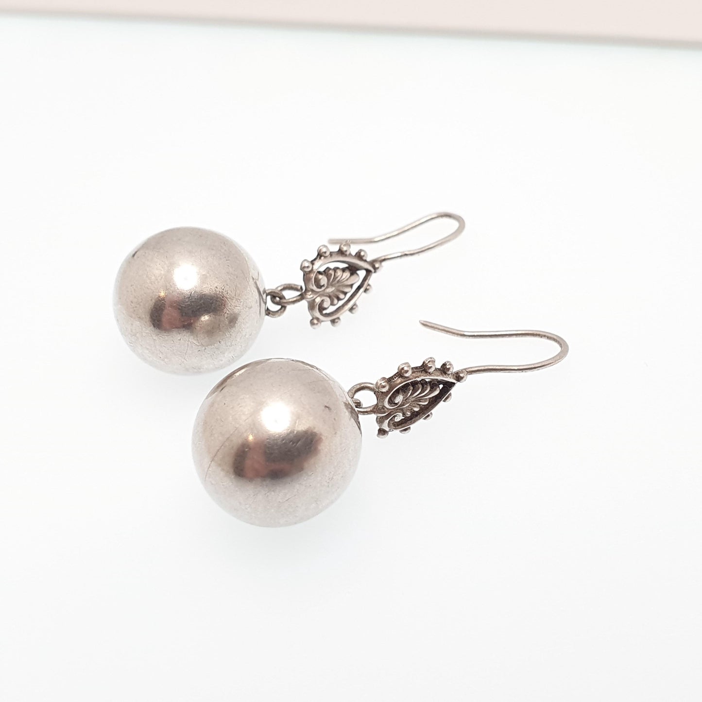 Antique Solid Silver Victorian Ball Earrings Hook Hanging Bead Hook Dangle Drop Genuine 1800s Vintage Jewelry Jewellery