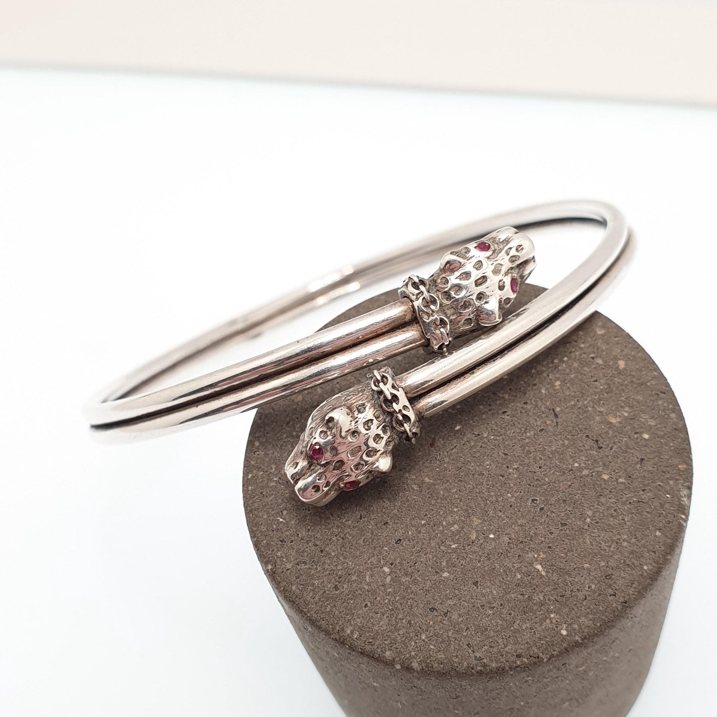 Antique Solid Silver Leopard Bangle Bracelet Victorian Bypass Crossover Cat Ruby Paste Vintage Jewellery Jewelry