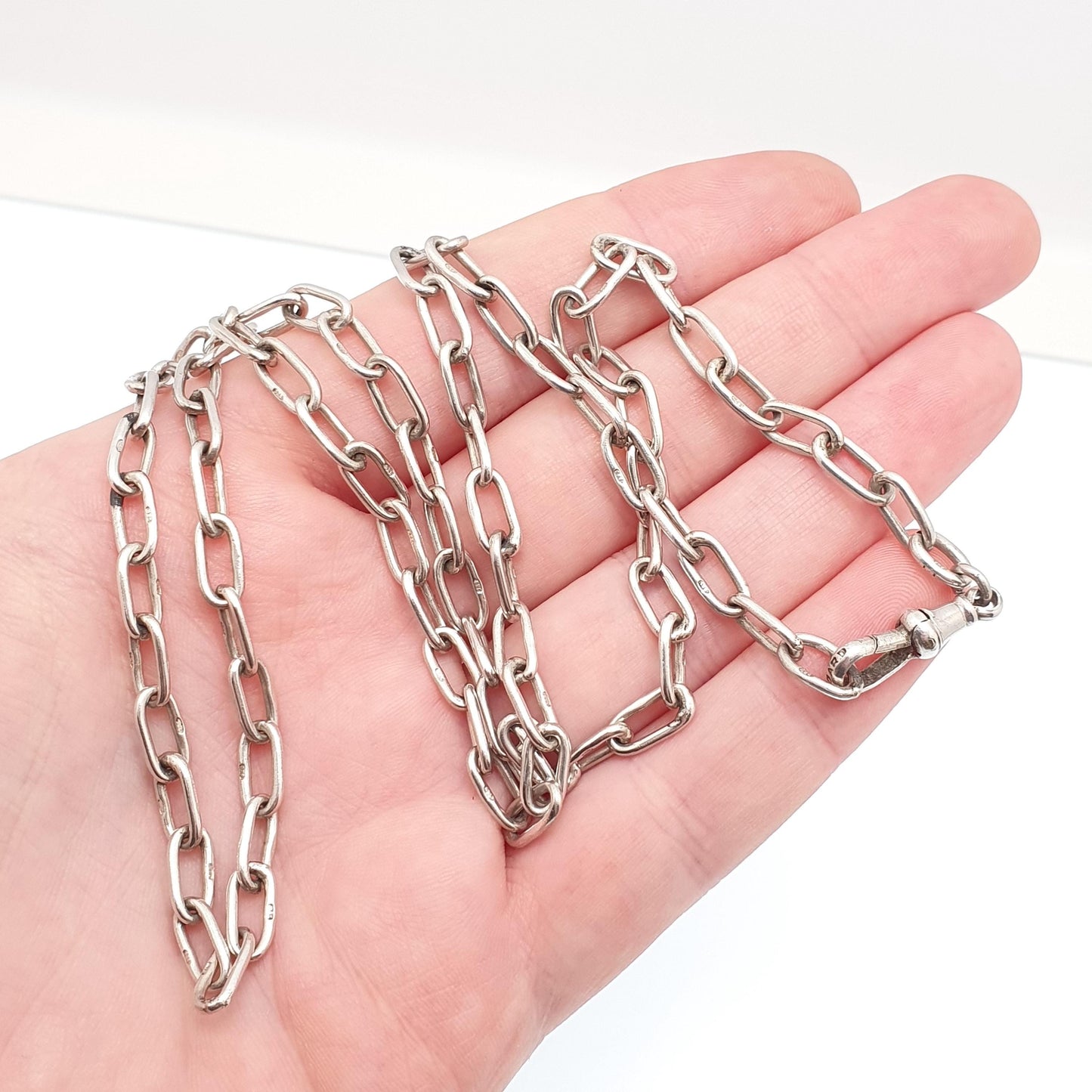 Antique Victorian Sterling Silver Chain Necklace Large Oval Cable Link Long Vintage Dog Clip 65cm 25.5" 26.91g