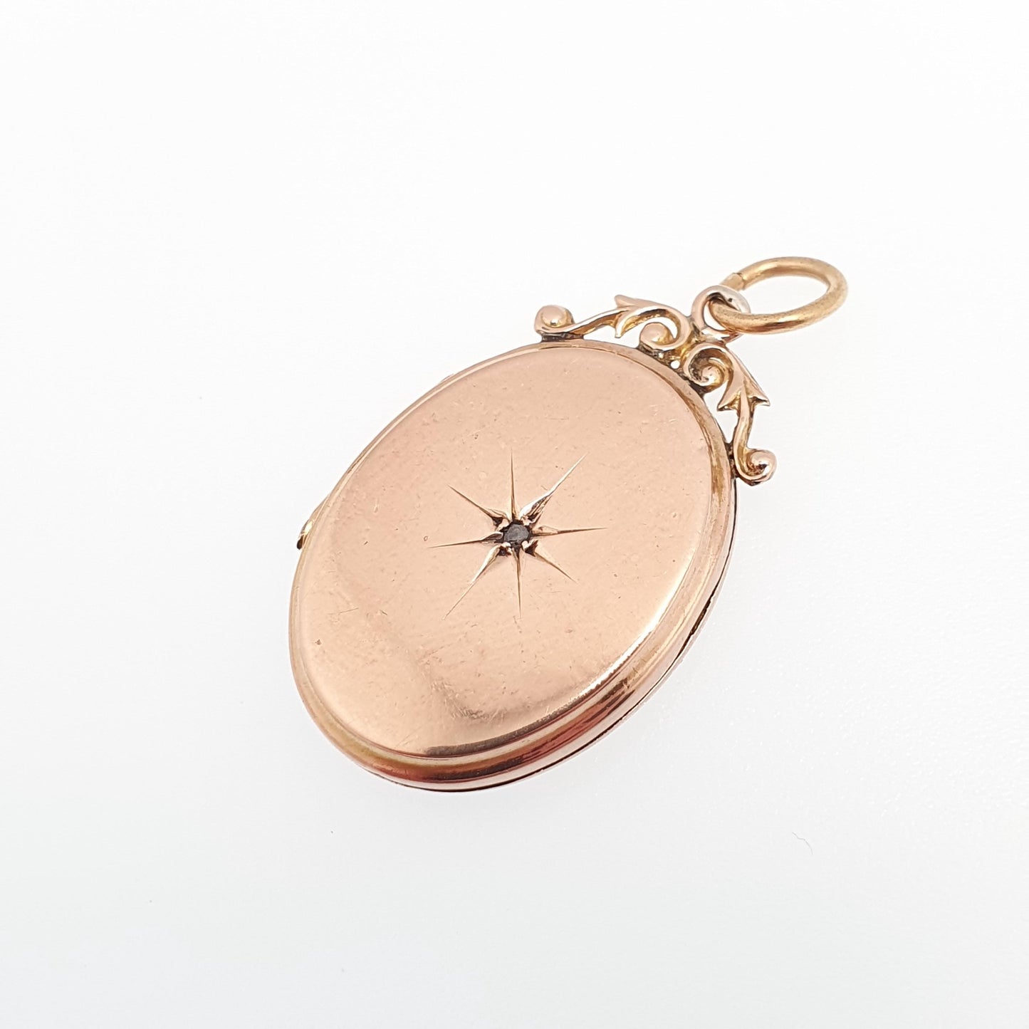 Antique 9ct 9k Rose Gold Diamond Locket Pendant Star Oval Solid 375 Back & Front Silver Setting Necklace Jewelry Jewellery