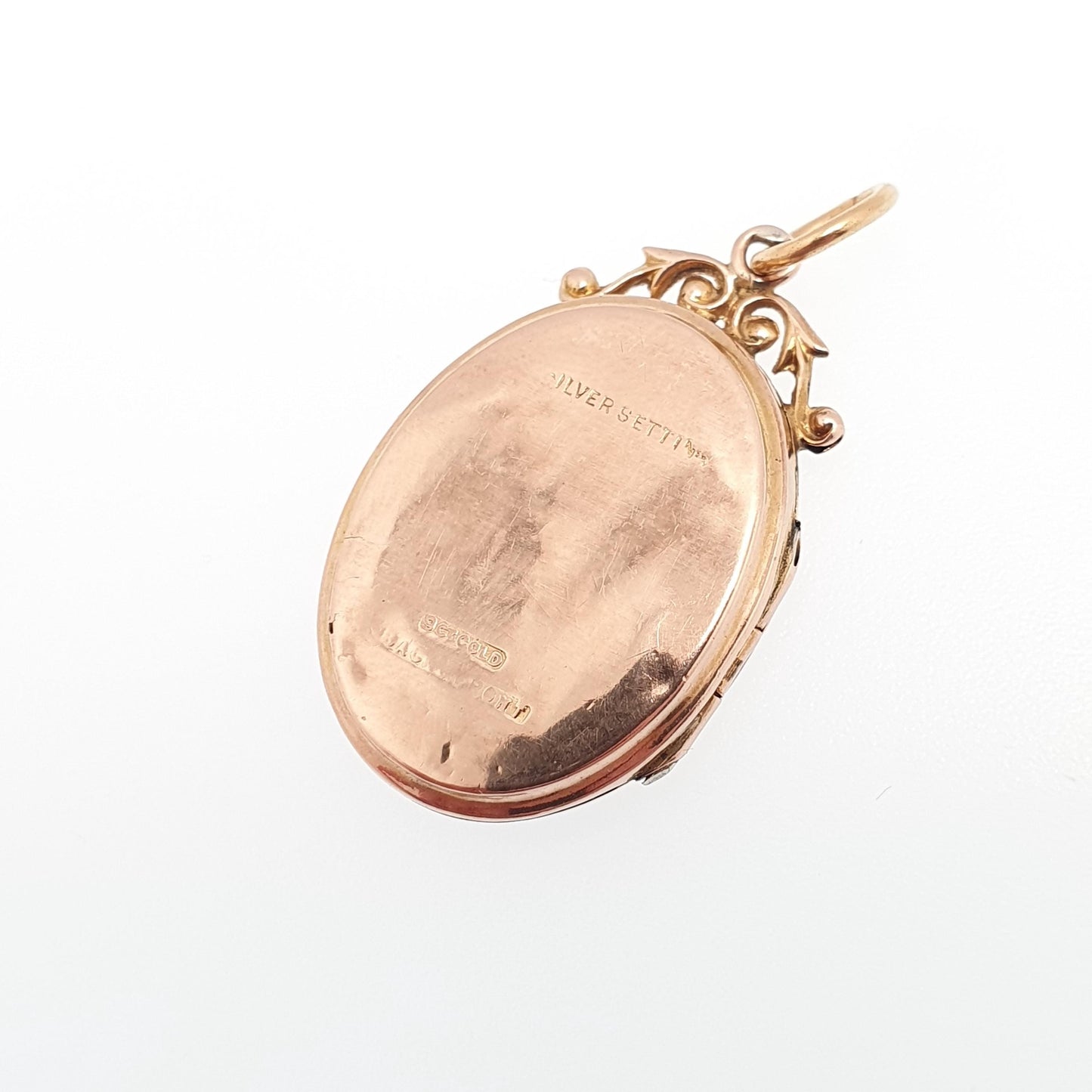 Antique 9ct 9k Rose Gold Diamond Locket Pendant Star Oval Solid 375 Back & Front Silver Setting Necklace Jewelry Jewellery