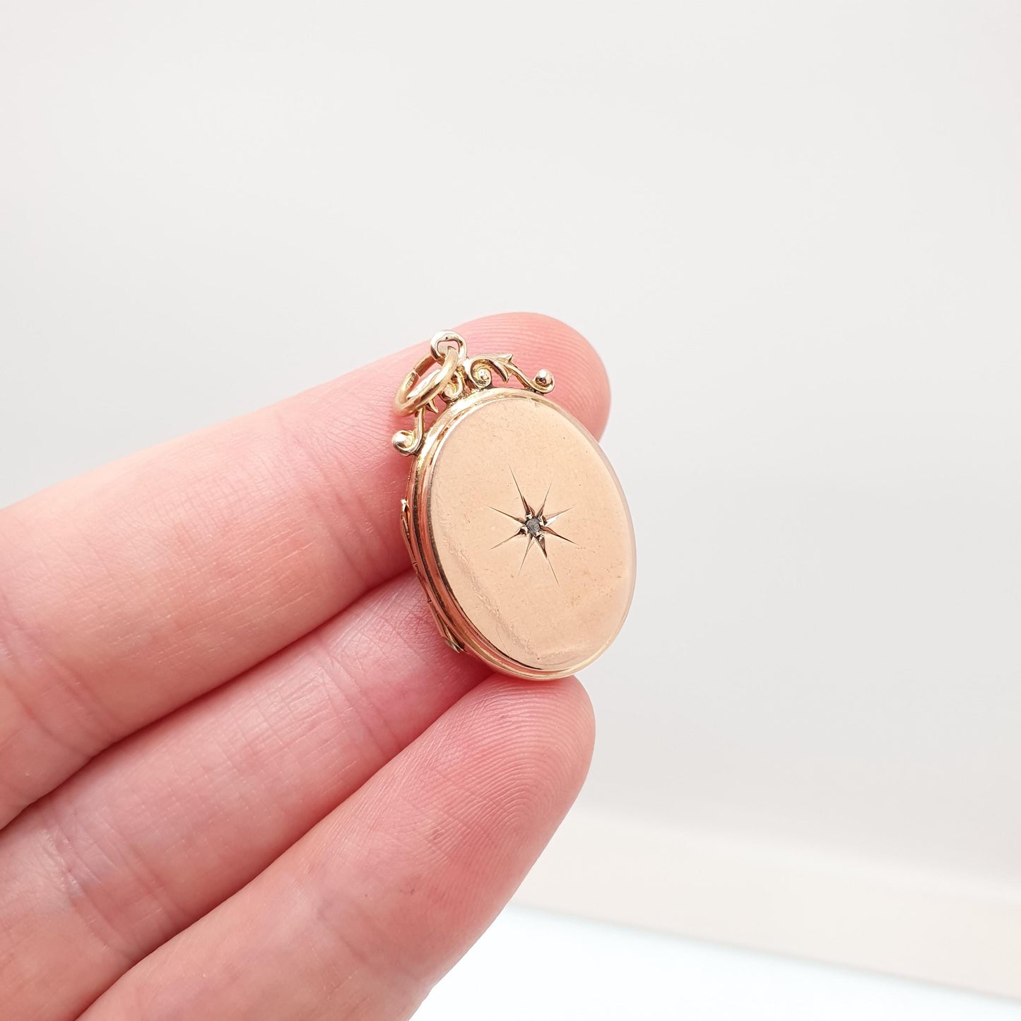 Antique 9ct 9k Rose Gold Diamond Locket Pendant Star Oval Solid 375 Back & Front Silver Setting Necklace Jewelry Jewellery