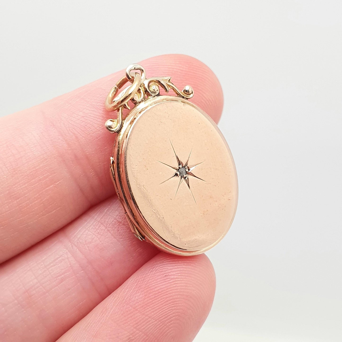 Antique 9ct 9k Rose Gold Diamond Locket Pendant Star Oval Solid 375 Back & Front Silver Setting Necklace Jewelry Jewellery