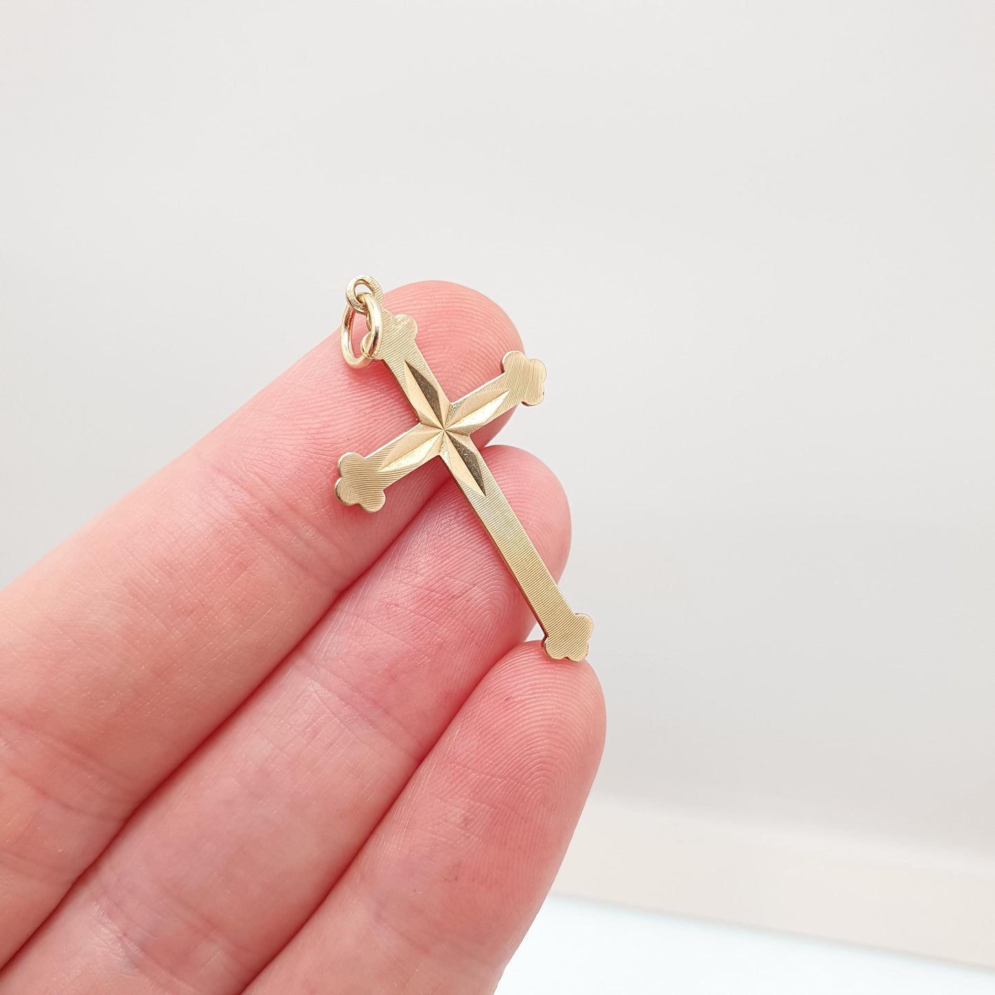 Vintage 9ct 9k Gold Crucifix Pendant Bulbed Cross Necklace Large Solid 9kt Necklace Jewellery Jewelry