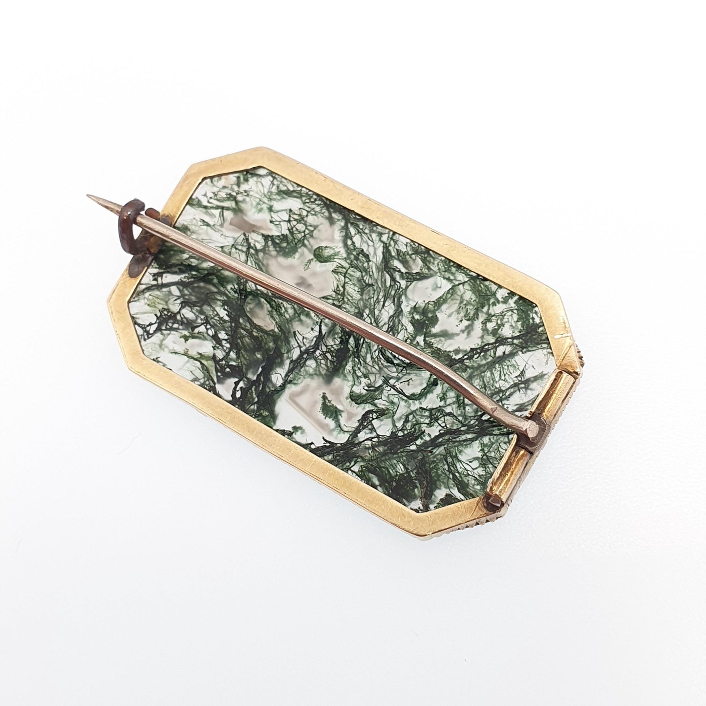 Antique Victorian 14k Gold Moss Agate Brooch Natural Quartz Veined Large Big Solid 14kt 585 Pin Jewelry Jewellery